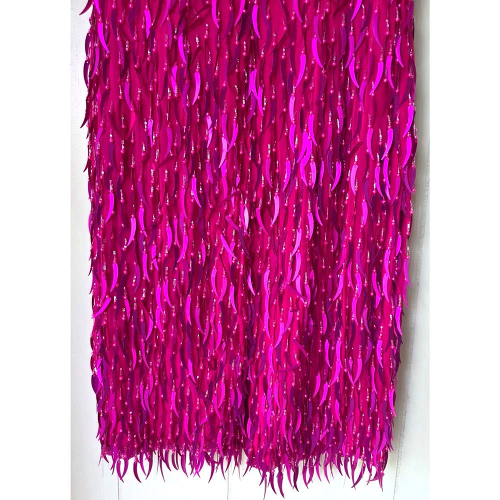 AJ Bari Silk Hot Pink Cattail Sequin Beaded Fringe Vintage Trophy Sheath Dress 6 - Picture 12 of 15